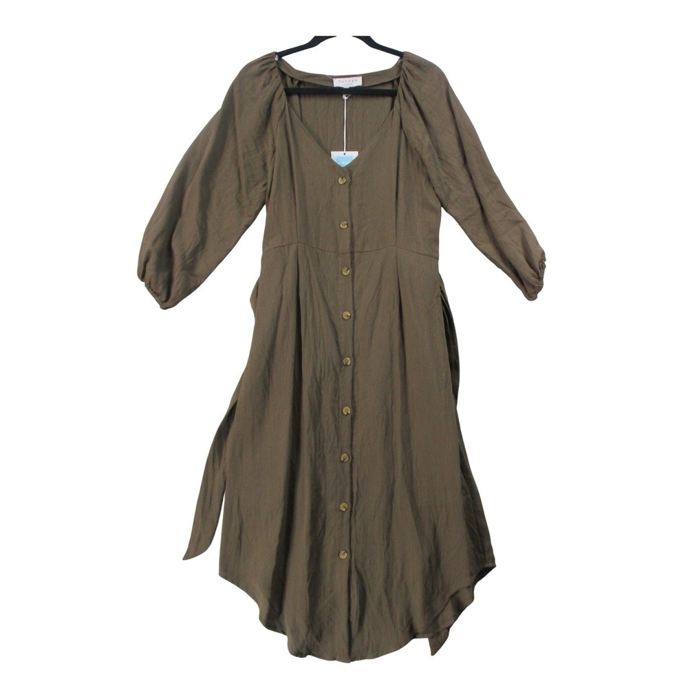 Hayden Los Angeles Women Olive Brown Button Front Rayon Midi Dress H6830 Size M